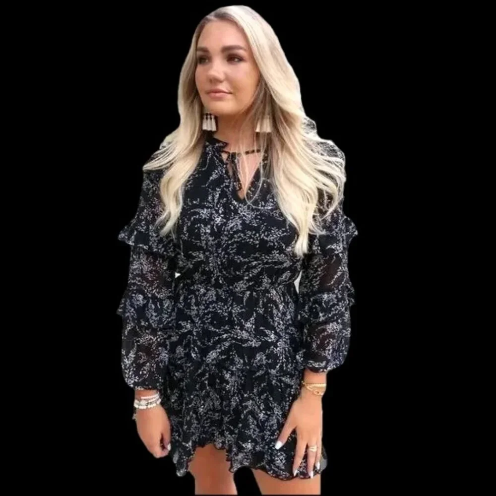 TCEC Dress Ruffle Tiered Black Floral Medium Romantic Weddings Date Night Travel - Picture 9 of 9